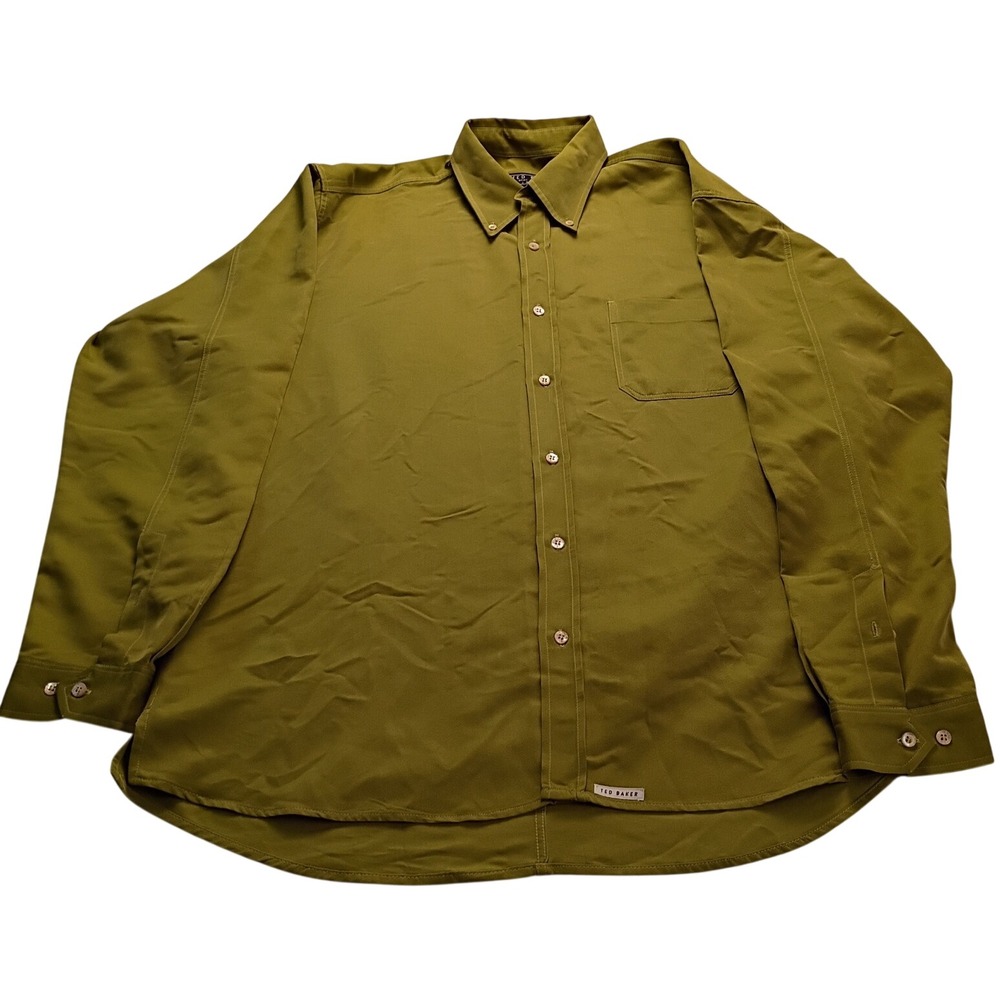 Ted Baker Button Down Shirt Men's Three Olive Green Chest Pocket Top Casual
